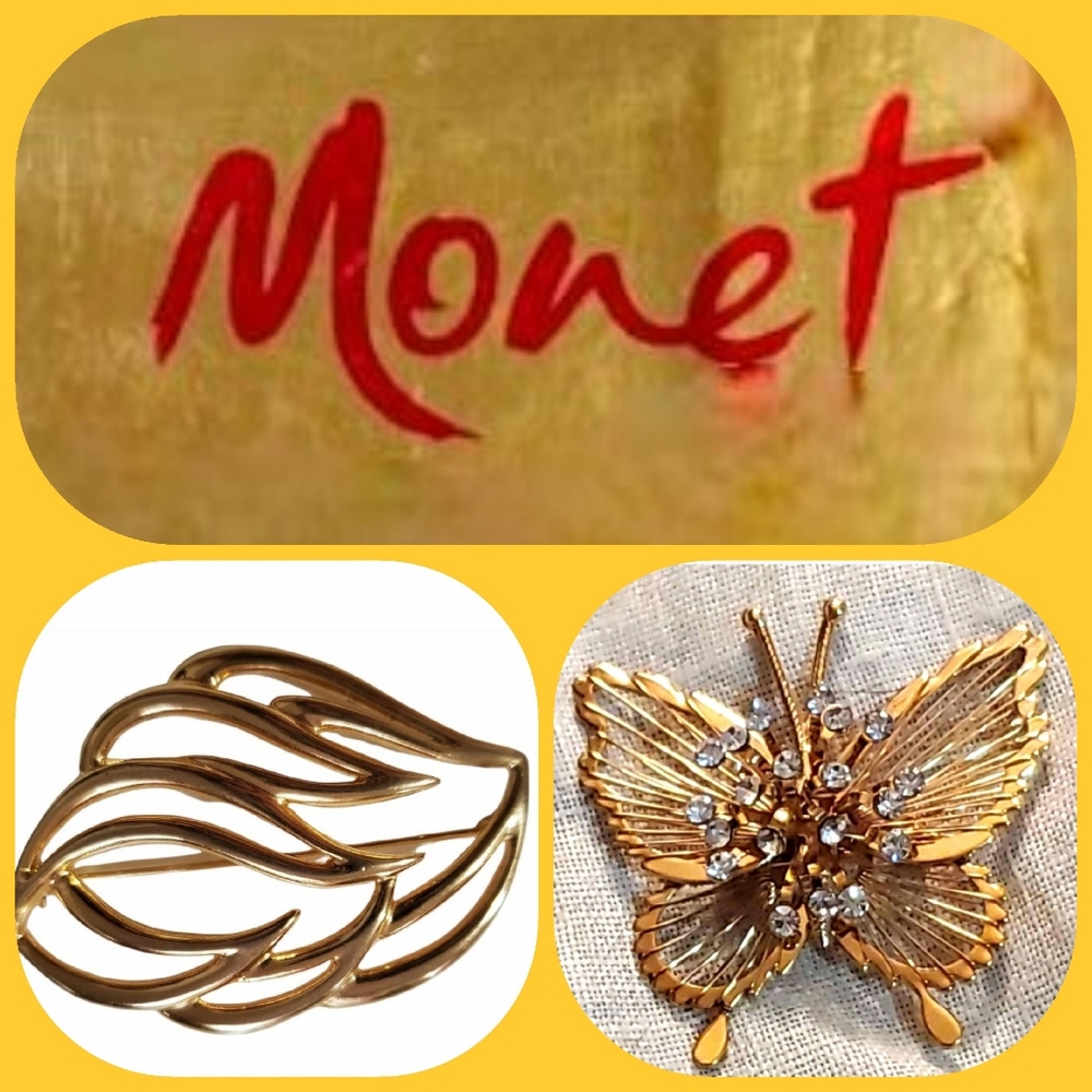 TWO Vintage Monet Signed Brooches Golden Butterfly & Leaf Classic Jewelry